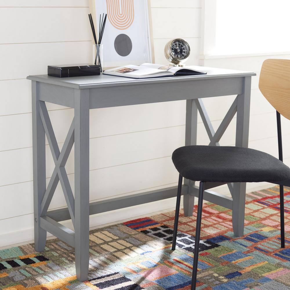 Crossed X Distressed Grey Solid Wood Writing Desk with Drawer