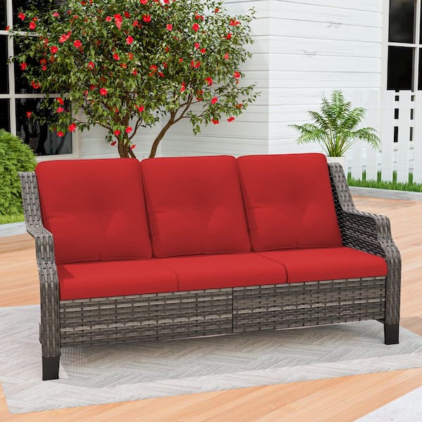 3-Seat Wicker Outdoor Patio Sofa Sectional Couch with Red Cushions