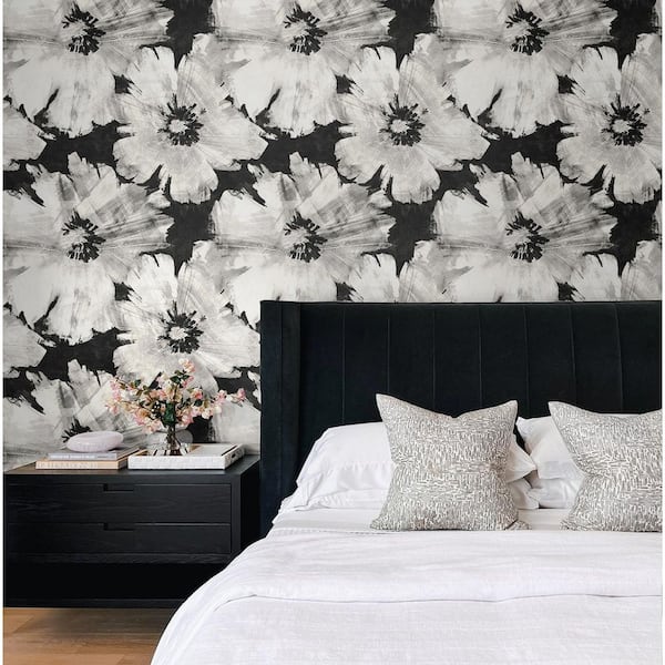 40.5 sq. ft. Ebony and Champagne Graphic Floral Vinyl Peel and Stick Wallpaper Roll