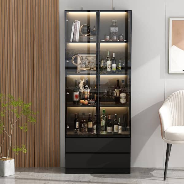 FUFU&GAGA 78.7 in. Black Wooden Accent Storage Cabinet With 2-Glass Doors, Drawers, Adjustable Shelves, LED Lights