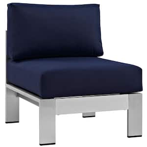 Shore Armless Patio Aluminum Outdoor Lounge Chair in Silver with Navy Cushions