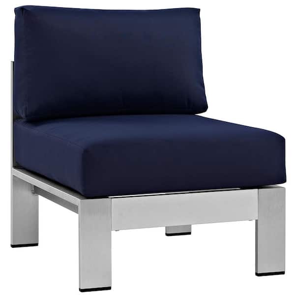 MODWAY Shore Armless Patio Aluminum Outdoor Lounge Chair in Silver with Navy Cushions