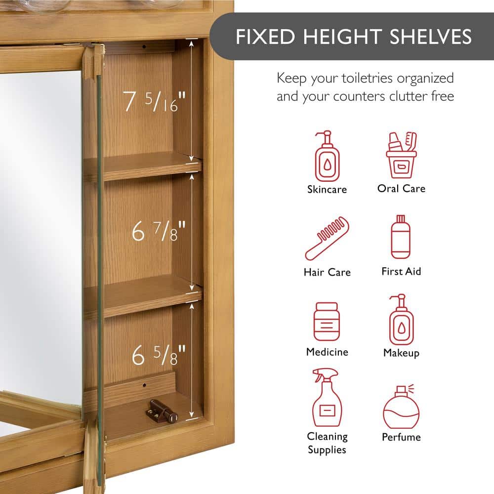 Nutmeg Oak Tri-View 24" Lighted Medicine Cabinet with Mirrored Doors