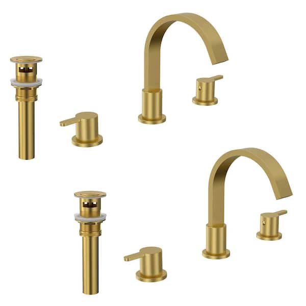 Waterfall 3-Hole High-Arc 8 in. Widespread Double Handle Bathroom Faucet in Brushed Gold with Pop-Up Drain (2-Pack)