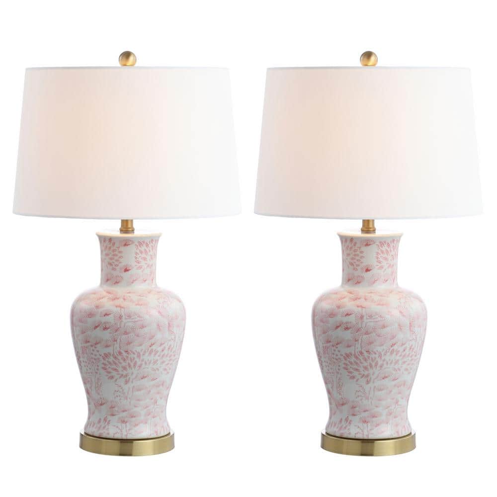 Calli Pink and White Ceramic Table Lamp Set with Brass Base