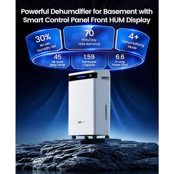 70 pt. 5,500 sq. ft. Portable Dehumidifier for Basement with Bucket, Drain Hose, Auto Shutoff, Washable Filter (White)