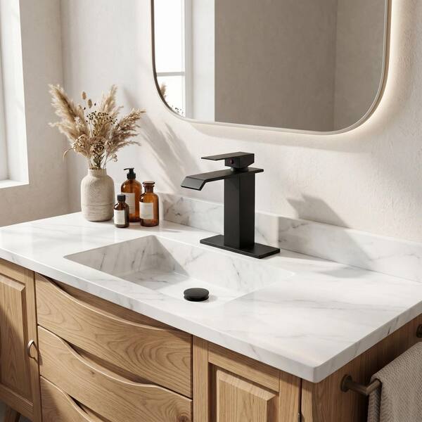 Homfan Waterfall Spout Bathroom Faucet – Widespread Single Handle, 1 Or 3 Hole With Deck Plate, Pop-Up Drain & Hoses, Matte Black
