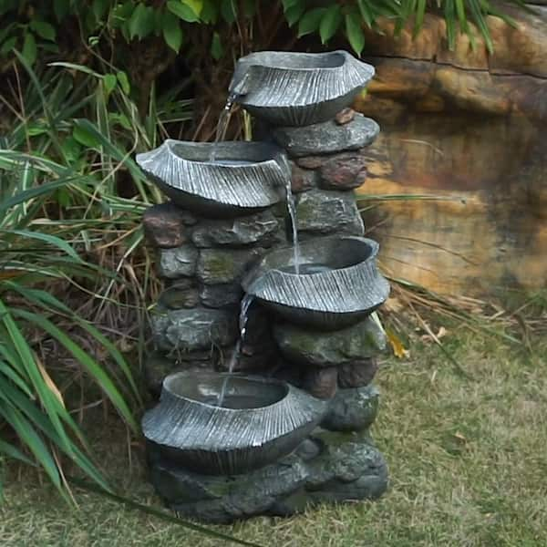 Home Outdoor 4 Tiered Bowls Waterfall Fountain with LED Lights & Pump, Gray popular