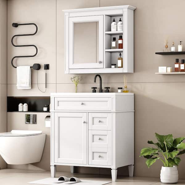 30 in. Single Sink White Bath Vanity with White Ceramic Top,Tip-out Drawer, and Wall-Mount Mirror Cabinet Unassembled