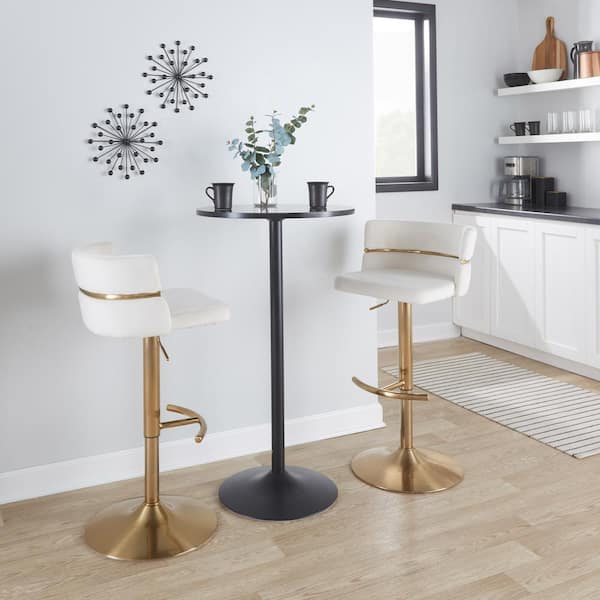 Lumisource Cinch 32.5 in. Cream Velvet and Gold Metal Adjustable Bar Stool with Rounded T Footrest (Set of 2)