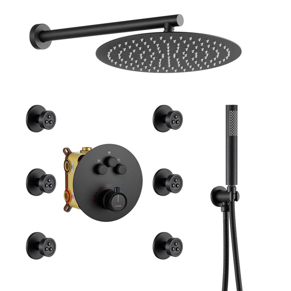 1-Spray 12 in. Thermostatic Dual Shower Head and Handheld Shower Head 2.5 GPM Wall Mount w/ Body Sprayer in Matte Black price history on PriceWatchPro