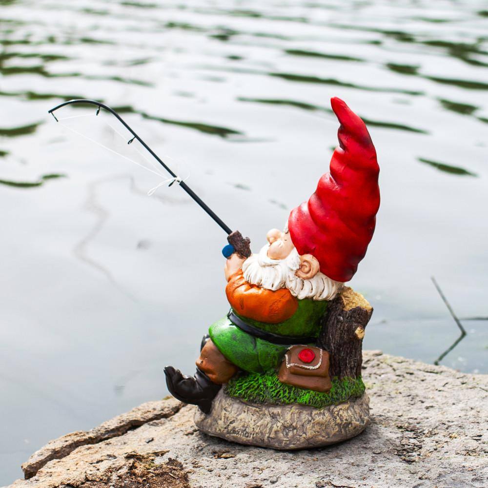 Fishing Frank Garden Gnome Statue with Red Hat