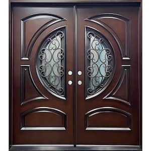 Forever Doors 60 in. x 80 in. PU Composite Entry Door with Iron Design & Openable Rain Glass Right In-Swing-Dark Walnut