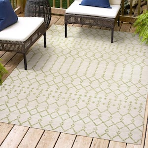 Ourika Moroccan Geometric Textured Weave Cream/Green 3 ft. x 5 ft. Indoor/Outdoor Area Rug