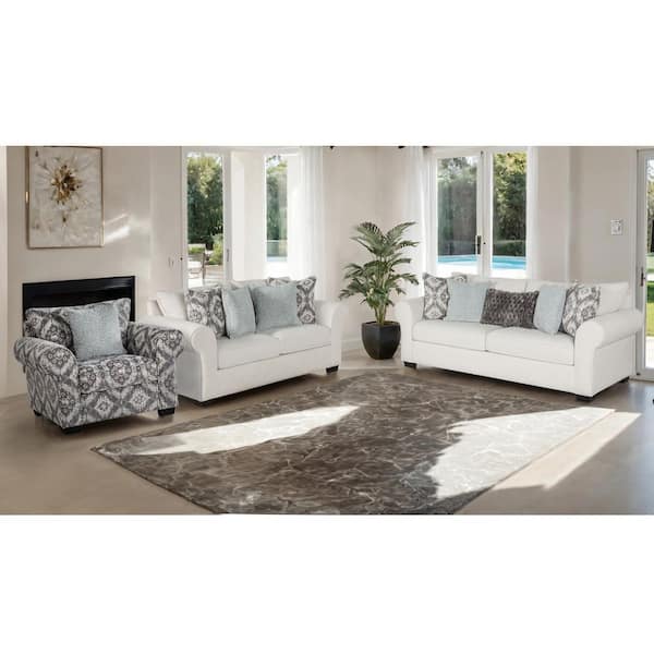 Ayala 3-Piece White Fabric Rolled Arm Living Room Set With Pocket Coil Foam