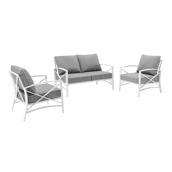 CROSLEY FURNITURE Kaplan White 3-Piece Metal Patio Seating Set with Grey Cushions