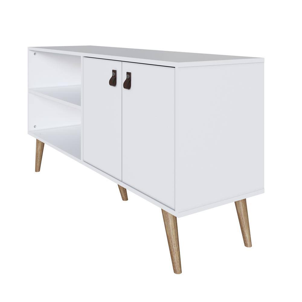 Amber White MDF TV Stand with Faux Leather Handles and Cabinet