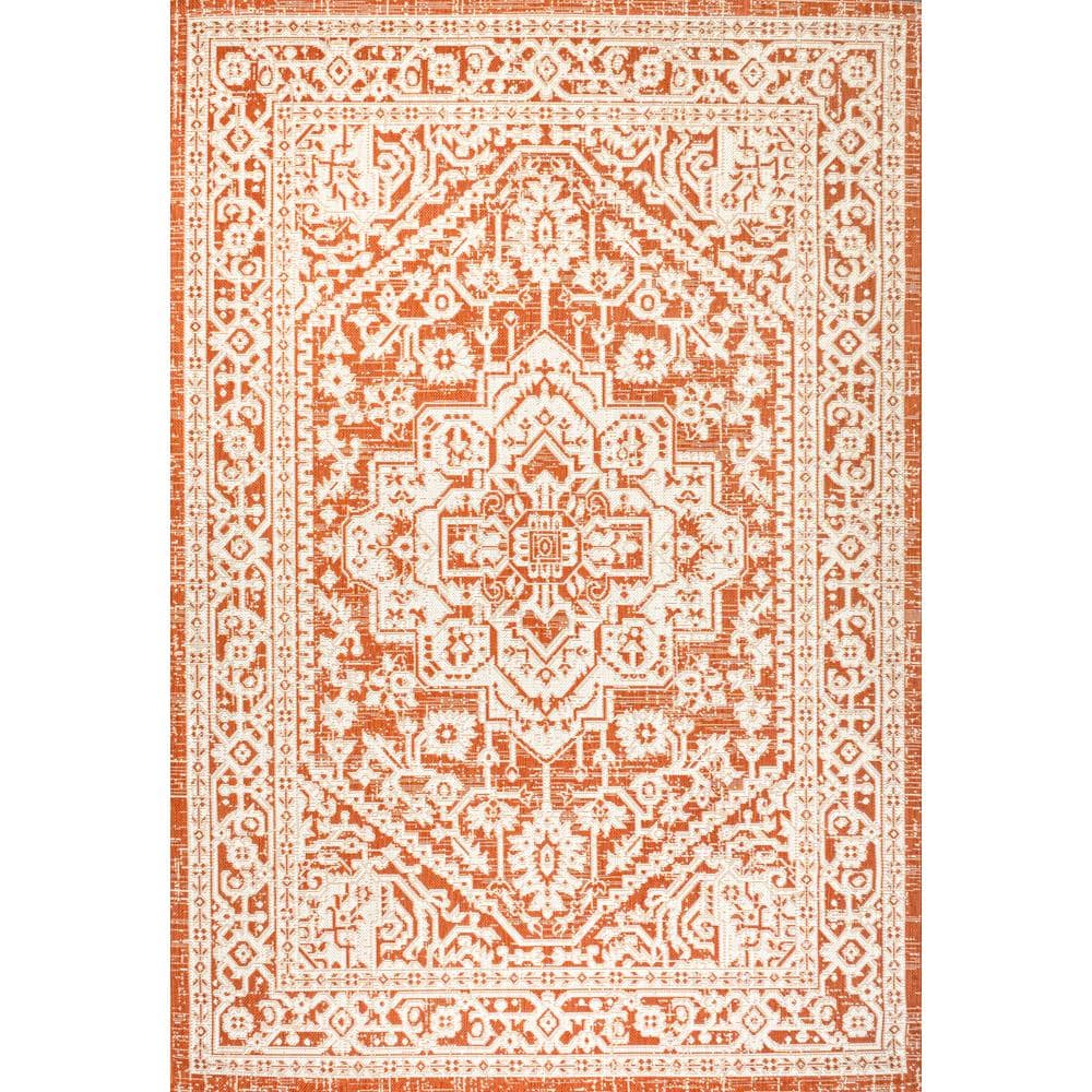 Sinjuri Orange/Cream Medallion Handwoven 9' x 12' Indoor/Outdoor Rug