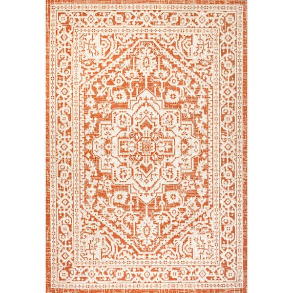 Sinjuri Medallion Textured Weave Orange/Cream 9 ft. x 12 ft. Indoor/Outdoor Area Rug