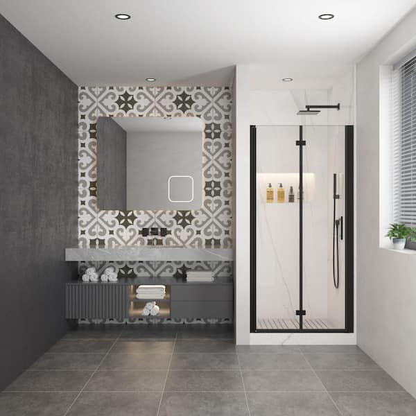 Xspracer Moray 32 in. W x 72 in. H Universal Pivot Frame Shower Door in Matte Black Finish with Clear Glass