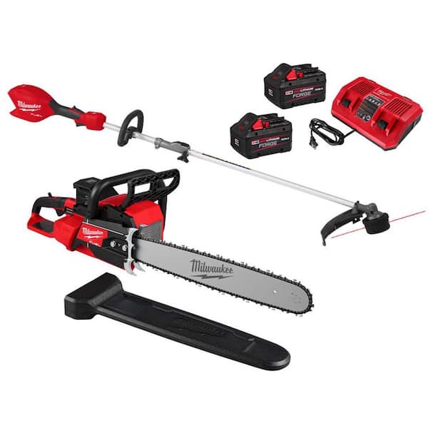 M18 FUEL 18V Brushless Cordless 20 in. Dual Battery Chainsaw Kit w/ String Trimmer, (2) 8.0 Ah FORGE Batteries, Charger