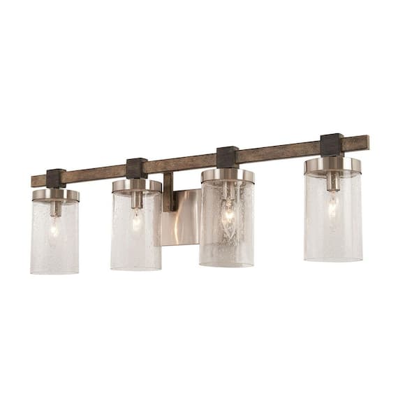 Bridlewood 4-Light Stone Grey with Brushed Nickel Bath Light with Clear Seedy Glass