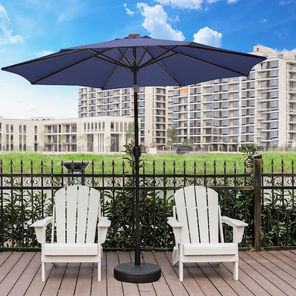 Marina Navy Blue 9 ft. Market Solar Powered LED Lighted Tilt Patio Crank Umbrella