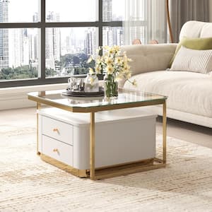 27.6 in. Tempered Glass and Wood Top White Square Nesting End Table Coffee Table with Drawers, Electroplated Gold Legs