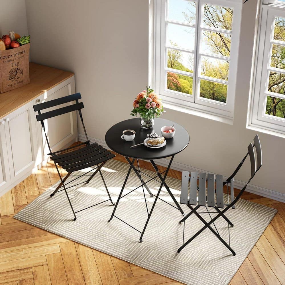 3 Piece Black Metal Patio Bistro Set with Folding Table and 2 Chairs for Backyard, Balcony, Porch, Garden price history on PriceWatchPro
