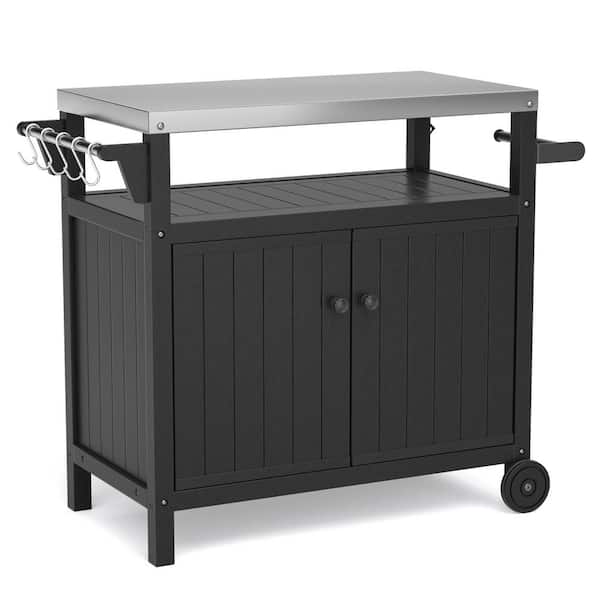 Sudzendf Black 42.13 in. W Stainless Steel Outdoor Grilling Table with Storage, Wheels, Hooks and Side Shelf