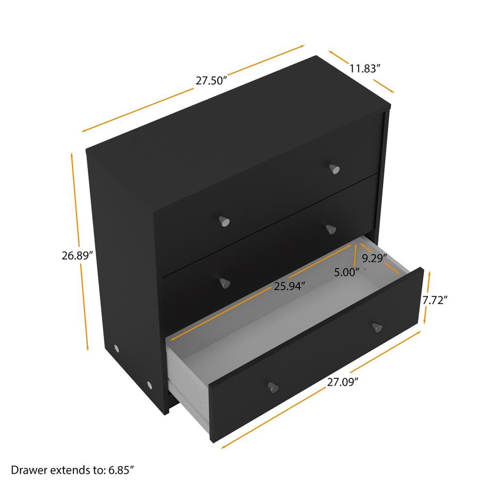 Sleek Portland Black Engineered Wood 3-Drawer Horizontal Dresser