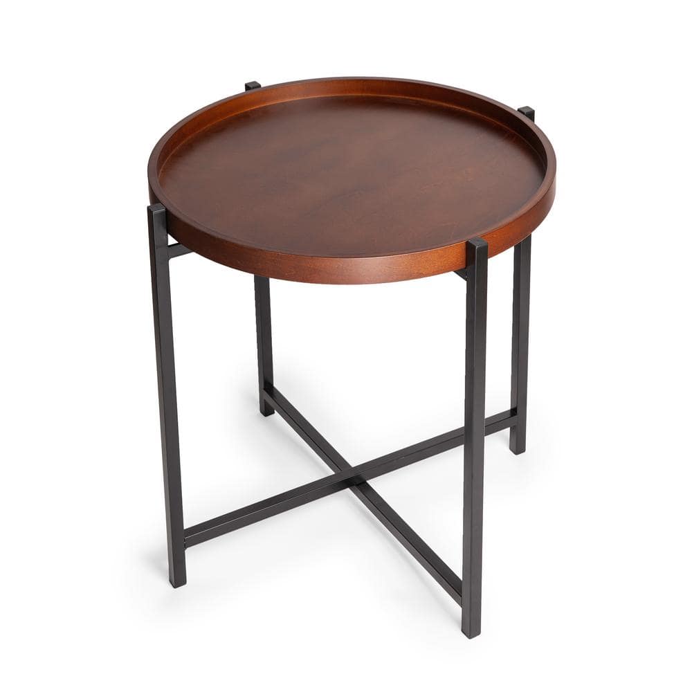 Mid-Century Modern Round Walnut Wood and Black Metal Side Table