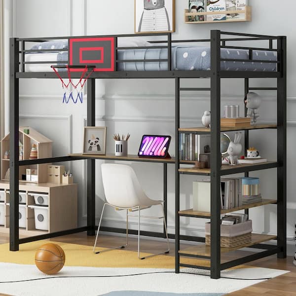 Harper & Bright Designs Black Metal Frame Twin Loft Bed with Basketball Hoop, Built-in Desk, Shelves