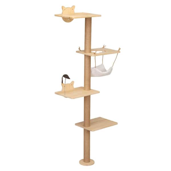 Unbranded - 69.1 in. Small to Large Wooden Cat Trees, Wall-Mounted Cat Scratching Pad with Hammock