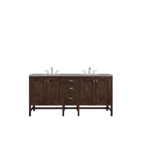 James Martin Vanities Addison 72 in. W x 23.5 in.D x 35.5 in. H Double Bath Vanity in Mid Century Acacia with Quartz Top in Grey Expo