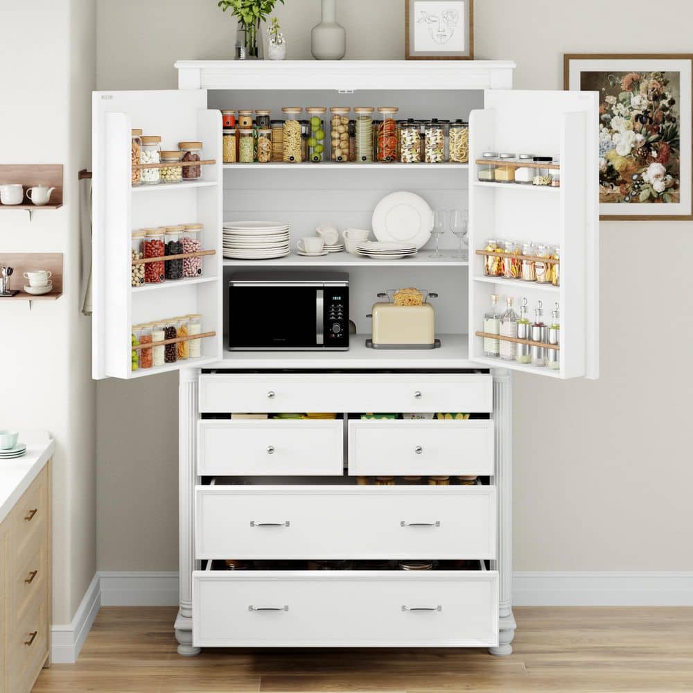 43.3 in. W x 20 in. D x 77.3 in. H White Linen Cabinet with 6-Door Shelves, 2-Adjustable Shelves and 5-Drawers price history on PriceWatchPro