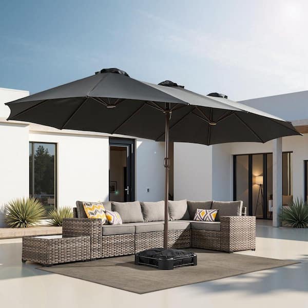 15 ft. x 9 ft. Rectangular Metal Double-sided Market Patio Umbrella with Base and Crank in Dark Gray