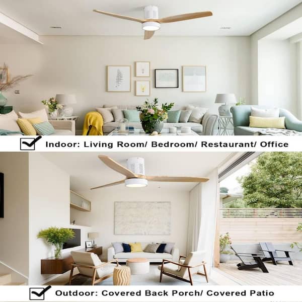52 in. Modern White Indoor Solid Wood White Blades Flush Mount Standard Ceiling Fan with 3-Color Dimmable LED Light