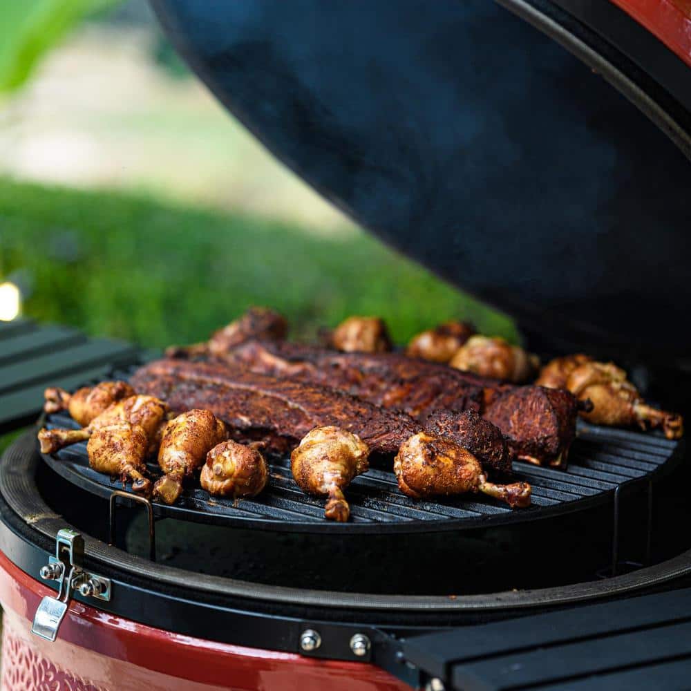 Classic Red 18-inch Ceramic Charcoal Grill with Cart and Shelves