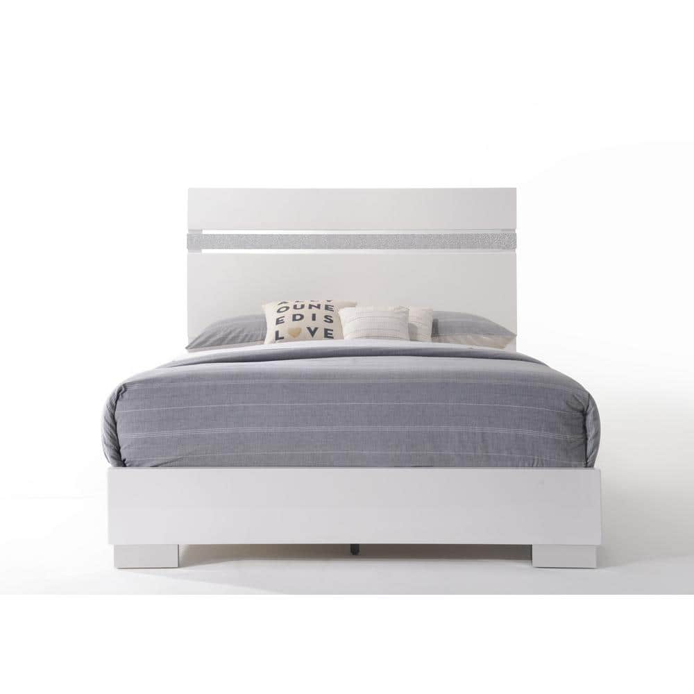 Luxe Bright White and Gray King Bed with Mirrored Accents