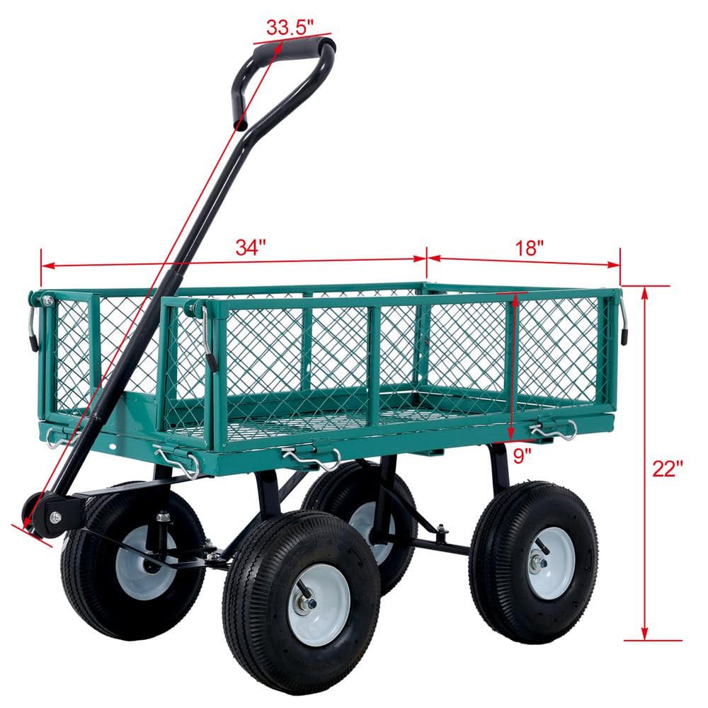 Green Steel Mesh Heavy Duty Garden Wagon with Flat-Free Tires