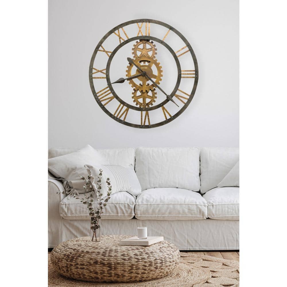 Oversized Gray and Brown Metal Wall Clock with Gears
