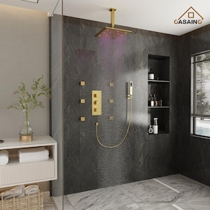 6-Spray 12 in. LED Thermostatic Dual Shower Heads Ceiling Mount Fixed and Handheld Shower Head 2.5 GPM in Brushed Gold