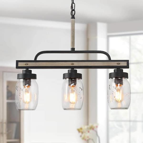 LNC Araphi 3-Light Dark Grey Modern Farmhouse Linear Chandelier Rustic Mason Jar Island Pendant with Faux Wood Accents