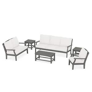 Yacht Club Stepping Stone 6-Piece Plastic Patio Conversation Deep Seating Set with Natural Linen Cushion