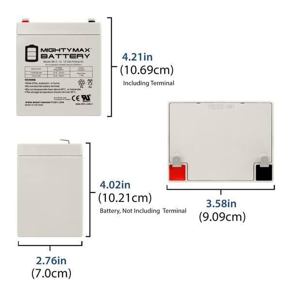 thumbnail image 2 of Mighty Max Battery 12V 5Ah SLA Replacement Battery | F2 Terminals, Fits Leoch DJW12-5.0T, Sealed Lead Acid, Maintenance Free 2 of 10