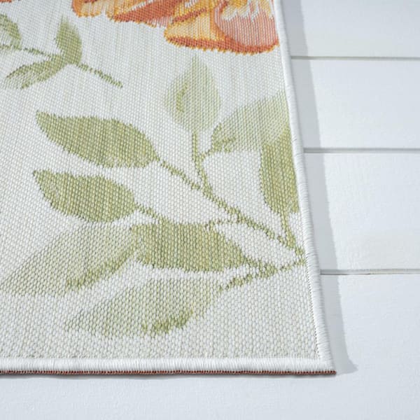 Ivory, Green, Orange 2 ft. x 8 ft. Loomed Floral Polypropylene Runner Indoor/Outdoor Area Rug