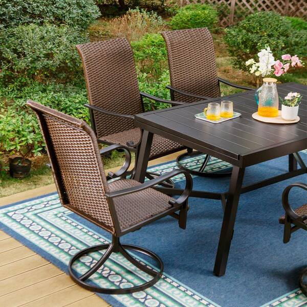 PHI VILLA 7-Piece Metal Outdoor Dining Set with Extensible Rectangular Slat  Table and Brown Rattan Swivel Chairs THD7-450351 - The Home Depot