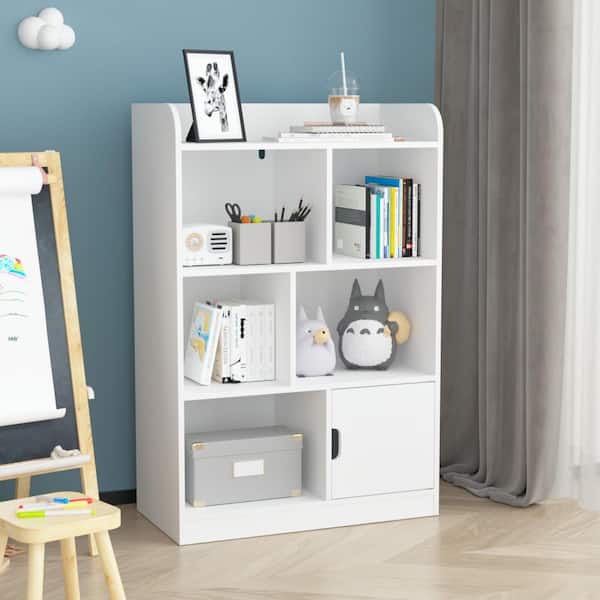 Roy 35.43 in. Wide White Wood Bookcase with 6 Compartments, Shelves, Cube Organizer