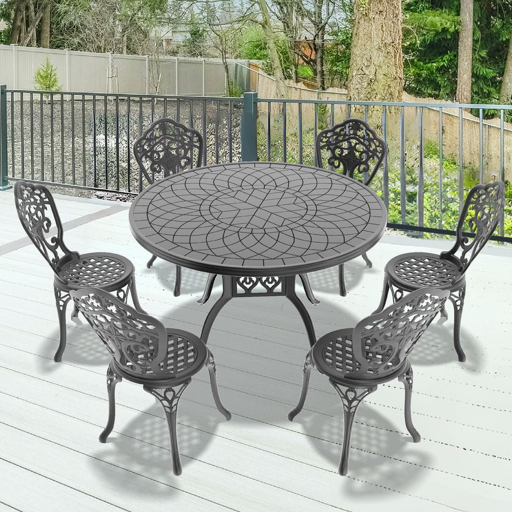 Black 7-Piece Cast Aluminum Round Outdoor Dining Set with All-Weather Rust-Resistant Frame price history on PriceWatchPro